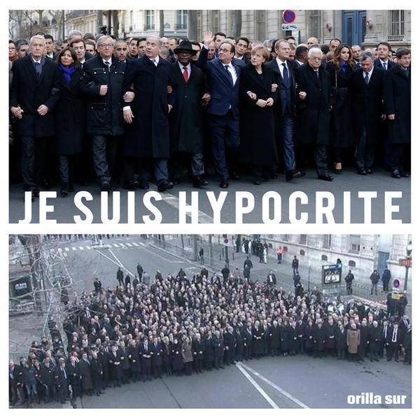 2015年1月，《查理週刊》編輯部遇襲後，西方各國領袖在巴黎擺拍團結反恐照片。（網絡圖片）