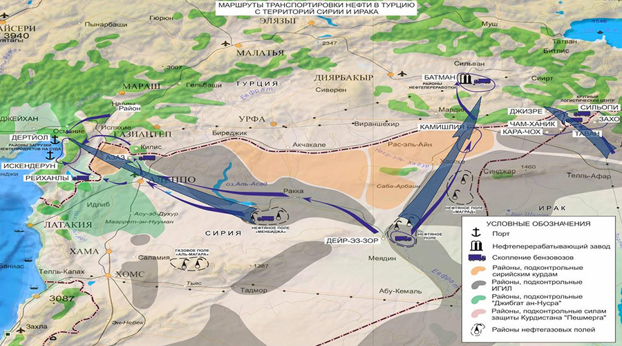 2015年12月2日，俄国军方发表伊斯兰国向土耳其走私原油路线示意图。（图片来源：RT／syria.mil.ru）