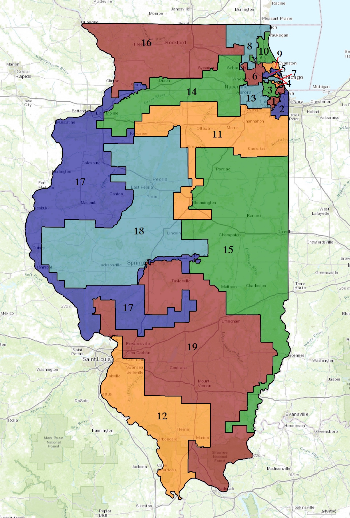 2003年至2013年间，伊利诺州的美国国会选区分布图。