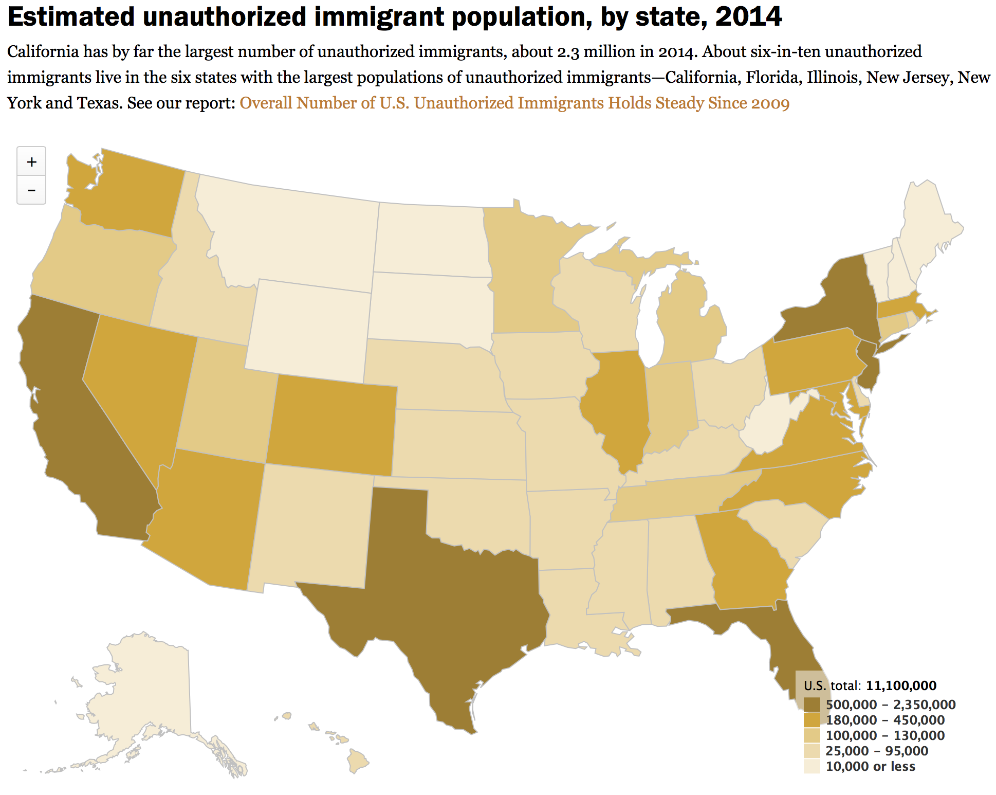 2014年美國各州無證移民分布圖（來源：Pew Research Center）