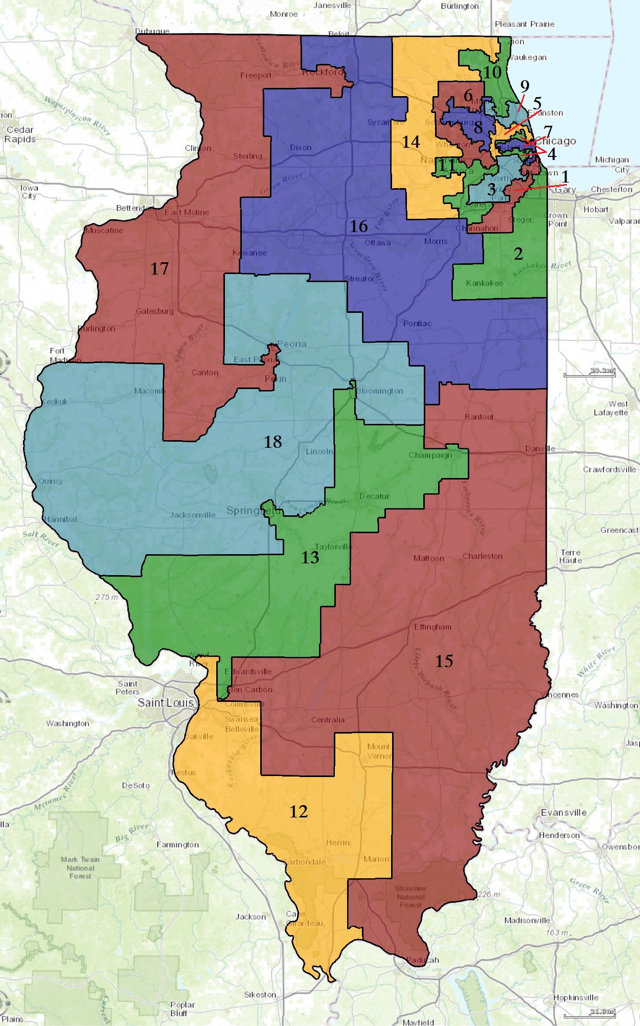 2013年迄今的伊利諾州美國國會選區分佈圖。
